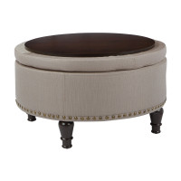 OSP Home Furnishings BP-AUOT32-K32 Augusta Round Storage Ottoman in Klein Dolphin Fabric  with decorative nailheads